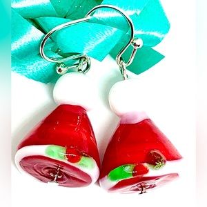 Red White Santa Claus Hat with Green Holly Lampwork Glass Christmas Earrings